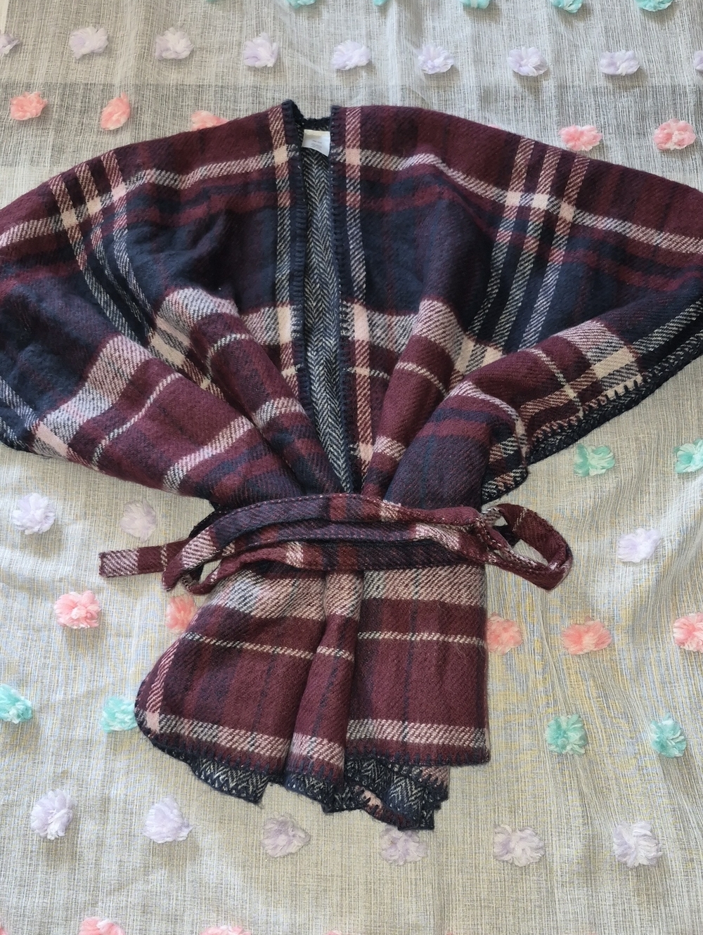 Plaid Belted Cape Jacket - Burgundy/Black